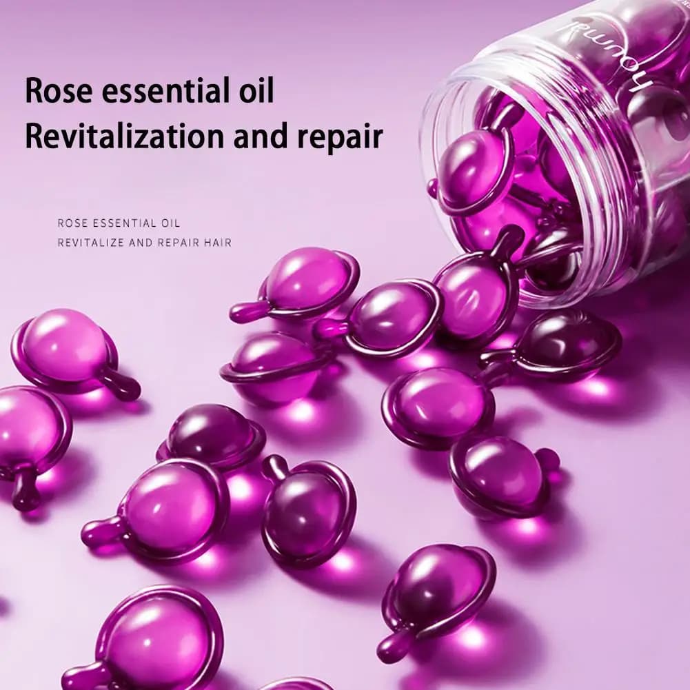 30 Capsules d'Huile Essentielle de Rose pour Cheveux, Capsules de Vitamines Capillaires, Sérum Lissant et Nourrissant pour Réparer les Cheveux Abîmés, pour Cheveux Frisés, Secs et Bouclés