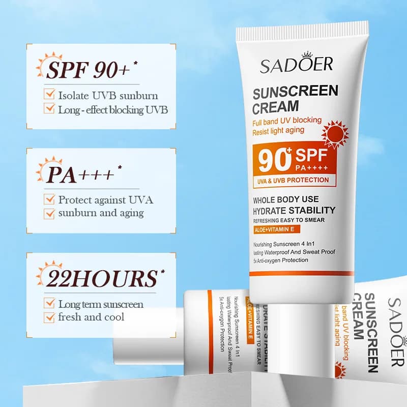 SADOER Spf 90 + crème solaire pour visage corps entier utilisation protecteur solaire résistant aux UV réparation bloqueur solaire crème solaire pour le visage
