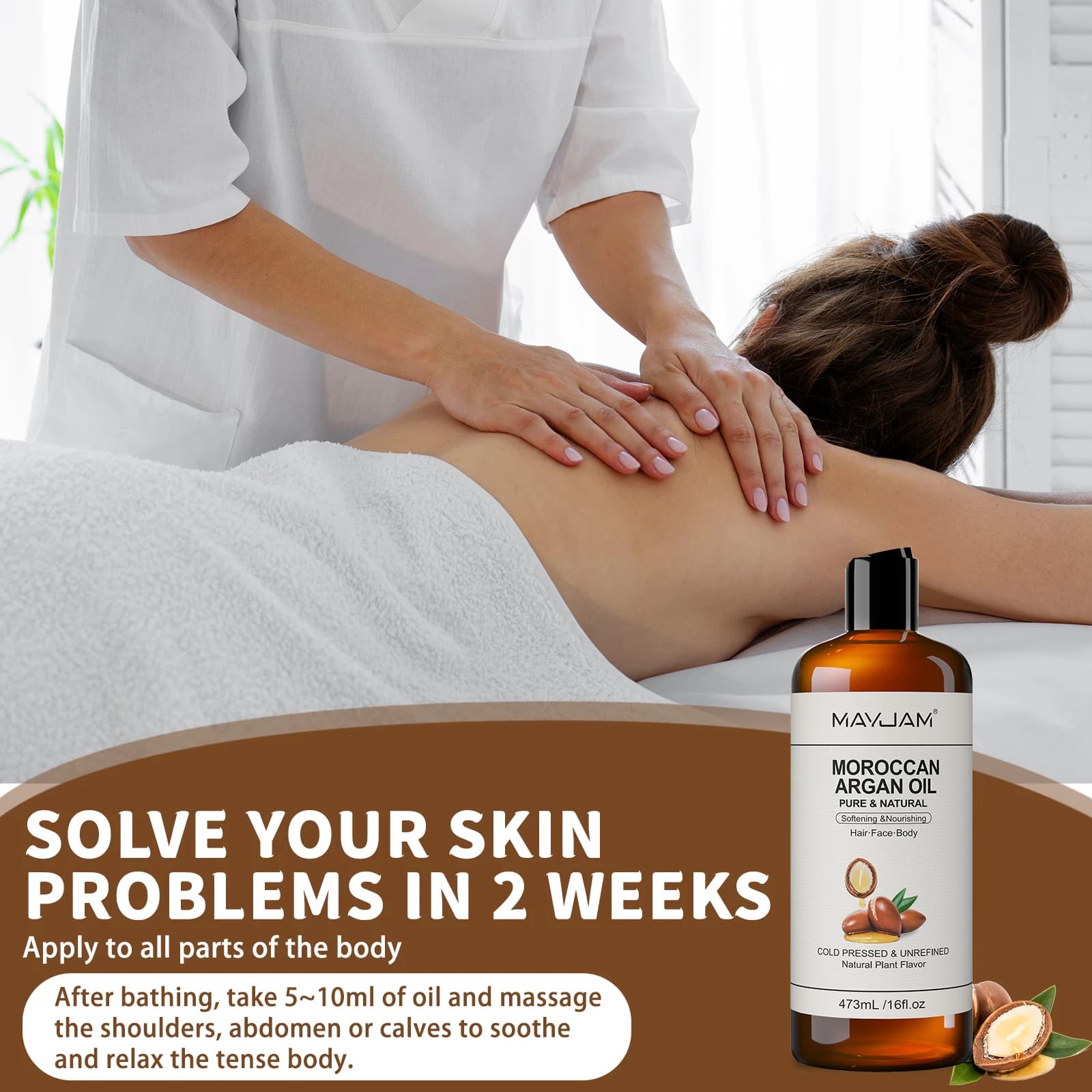 Huile d'Argan Marocaine Pure et Naturelle MAYJAM pour Massage du Visage, des Cheveux et du Corps, Huile d'Amande Douce Pressée à Froid Certifiée USDA 473ml Huile pour le Visage