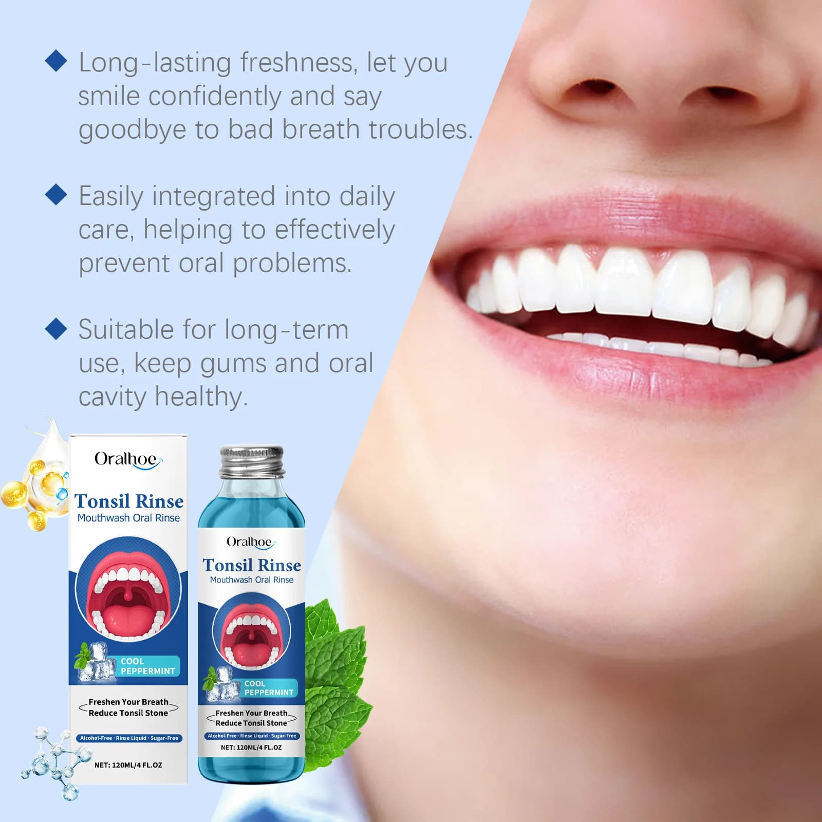 Bain de bouche ORALHOE 120 ml – Élimine les résidus alimentaires, la mauvaise haleine, réduit les calculs amygdaliens, élimine les odeurs, soin buccal