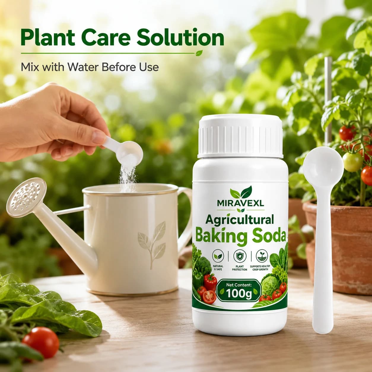 MIRAVEXL Bicarbonate de soude agricole 100g – Poudre dilutable dans l'eau pour l'entretien des plantes, pour usage domestique et jardin, plantes en pot, pelle incluse
