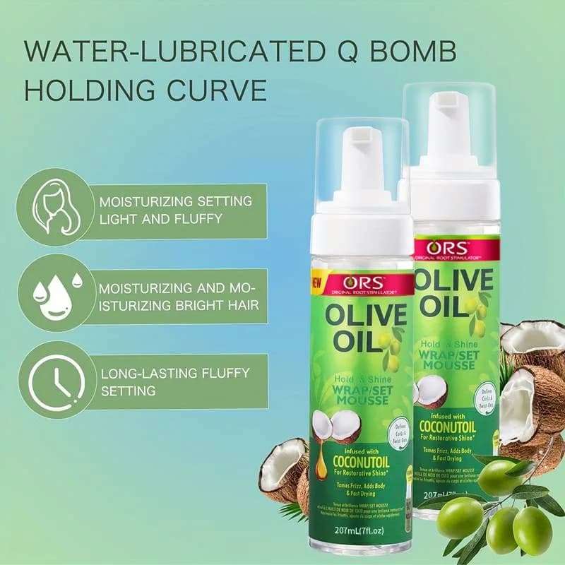 Mousse pour cheveux bouclés (207 ml) pour perruques, mousse coiffante à l'huile d'olive à tenue forte, mousse anti-frisottis pour coiffer les cheveux des femmes