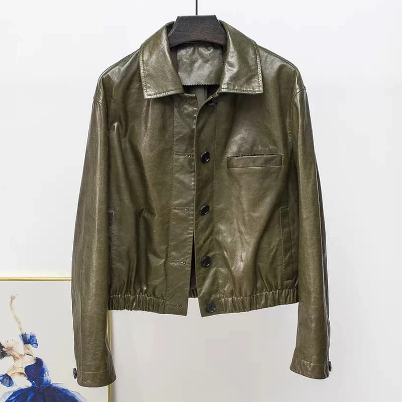 Veste en cuir de cire d'huile avancée pour Femmes automne hiver Femme 100% peau d'agneau col carré taille élastique manteau ample Vestes Femmes
