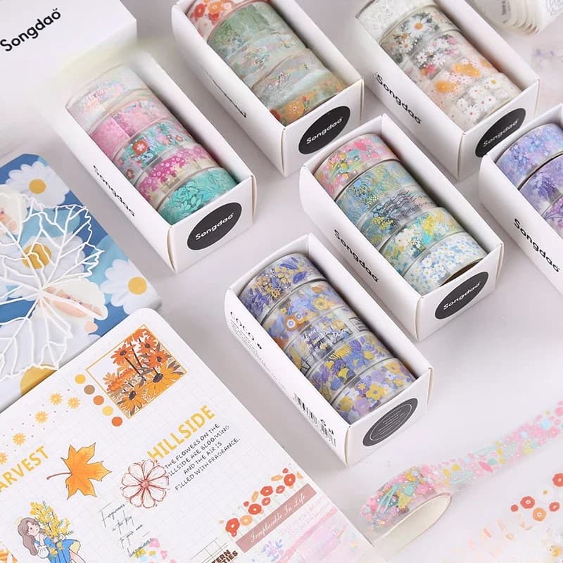 Ruban adhésif Transparent Kawaii, 5 rouleaux, matériel décoratif pour carnet de croquis, fournitures scolaires, papeterie japonaise, DIY bricolage