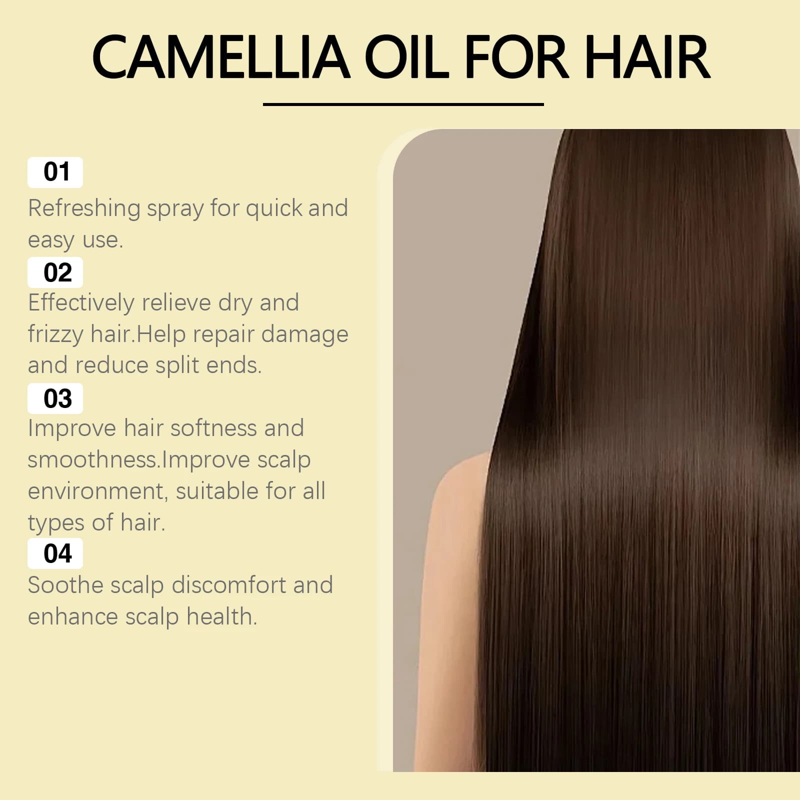 Spray réparateur d'huile capillaire de camélia, pour contrôle des frisottis secs et endommagés, après-shampooing nourrissant avec traitement capillaire à l'huile de graines de camélia