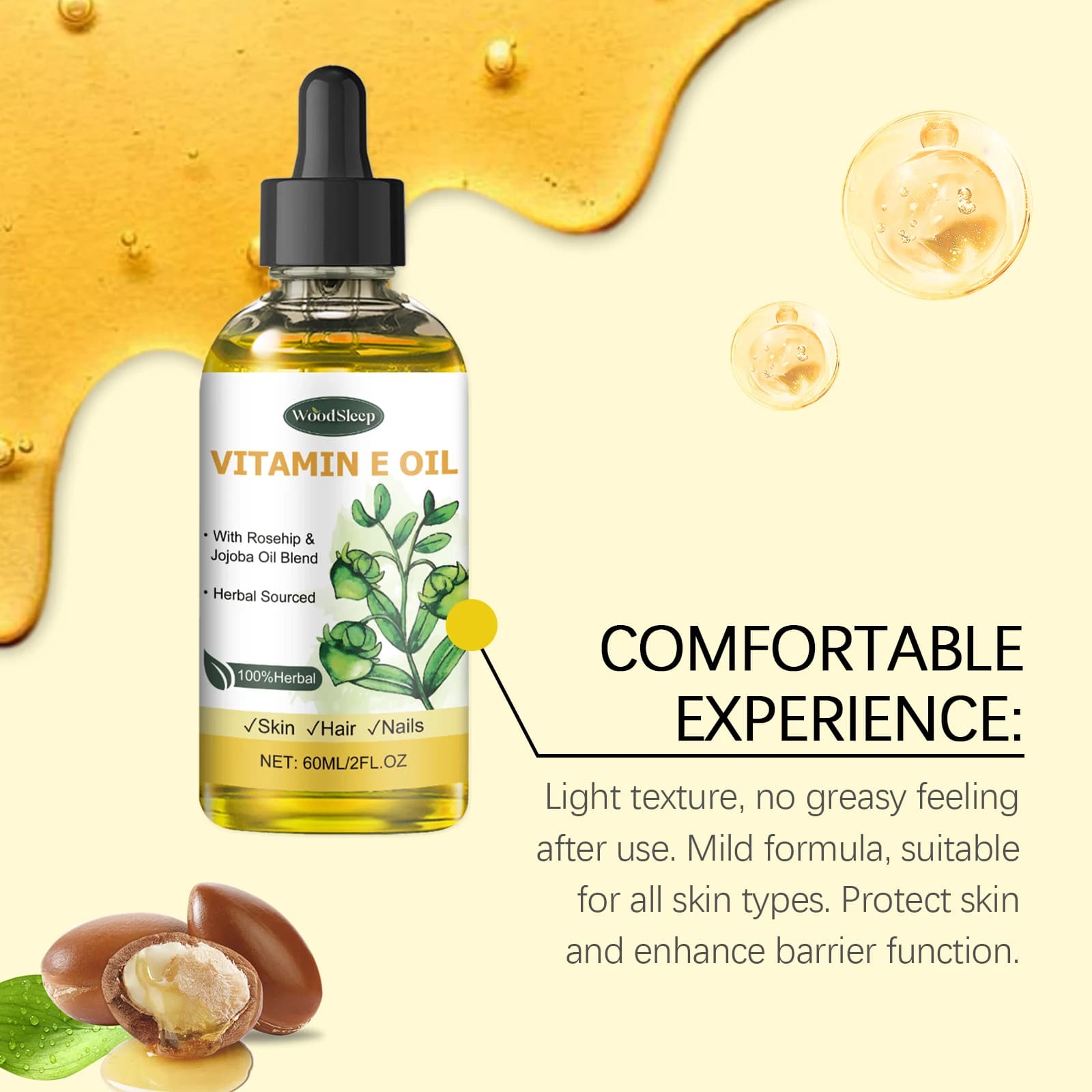 Huile essentielle de vitamine E naturelle 60 ml pour massage, soin de la peau, raclage, douche, visage, corps, ongles, cheveux, soin des cils, soin quotidien universel