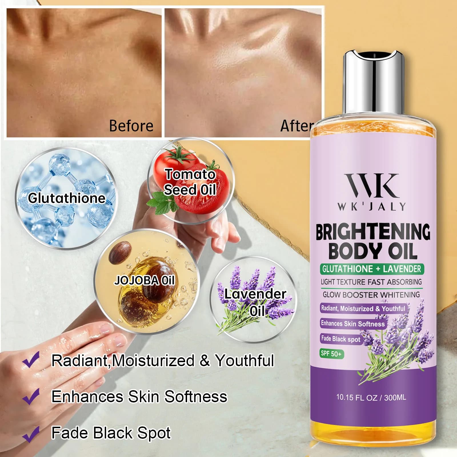 Huile pour le corps éclaircissante WK JALY, hydratation intense, hydratation, peau lisse, réduction des taches, mélanine, pour peaux foncées, noires, caramel