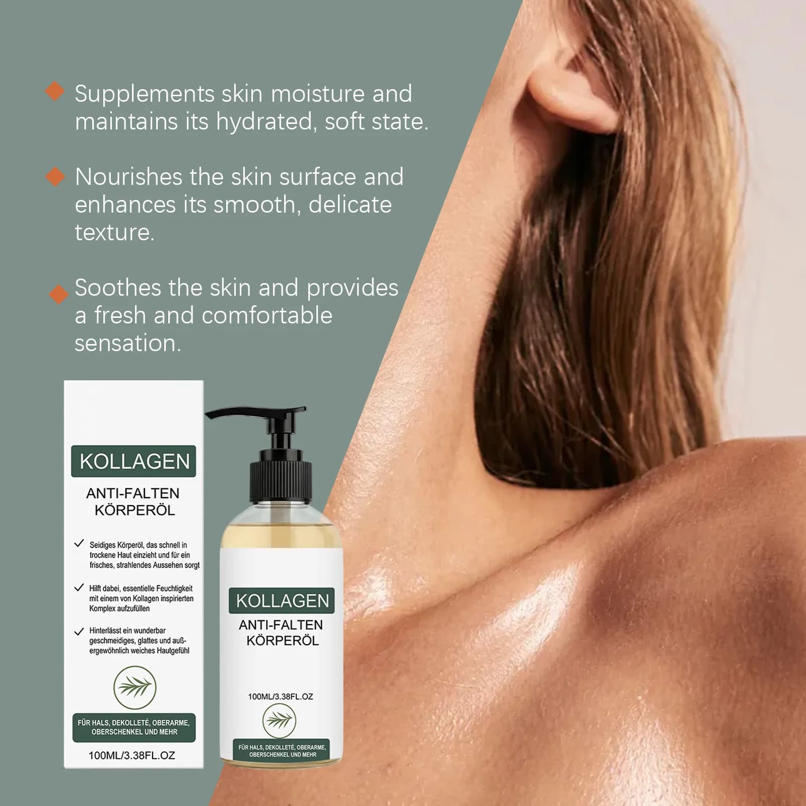 Huile corporelle anti-rides au collagène 100 ml, huile raffermissante pour le cou, le décolleté, les bras et les cuisses, huile de massage anti-âge