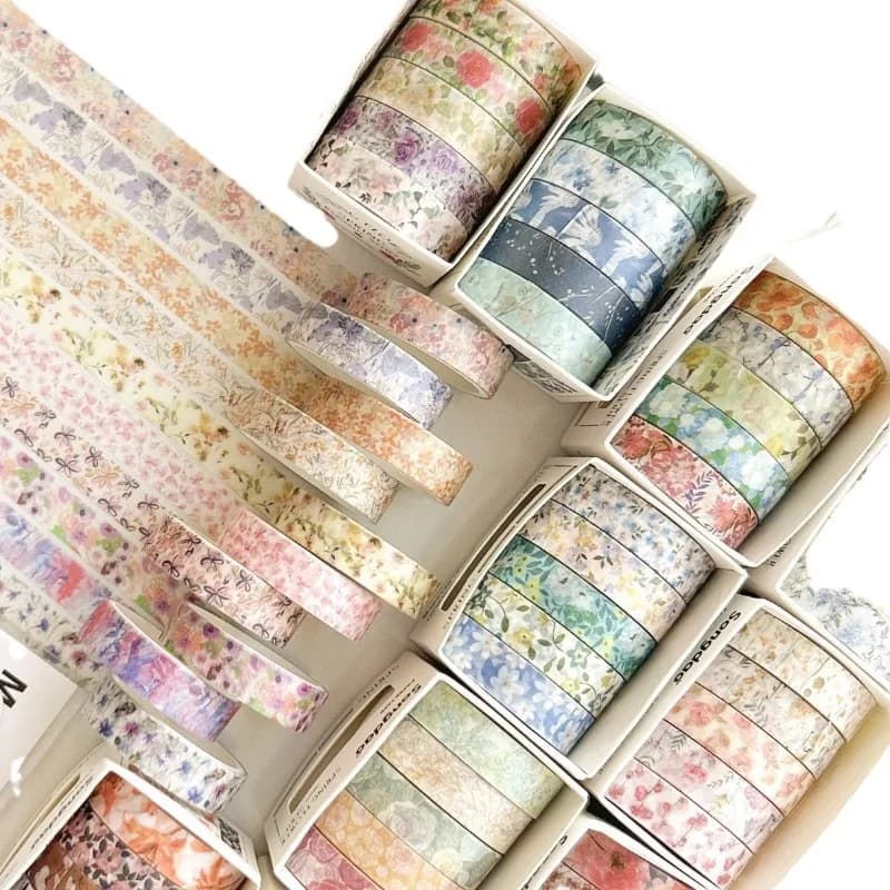 Lot de 5 rouleaux de ruban washi floral romantique en boîte – Adorable ruban décoratif frais pour étudiants, journal, scrapbooking, cadeau