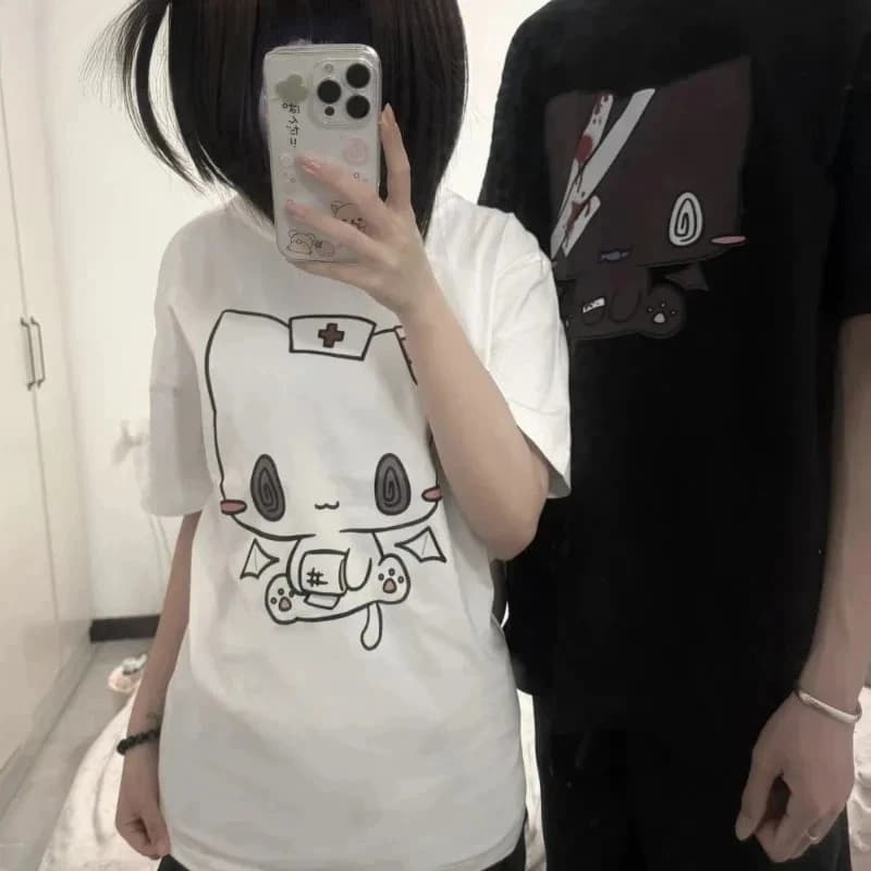 Femmes t-shirts dessin animé imprimé drôle Couple doux à manches courtes col rond ample Y2k Harajuku hauts femme t-shirt style décontracté