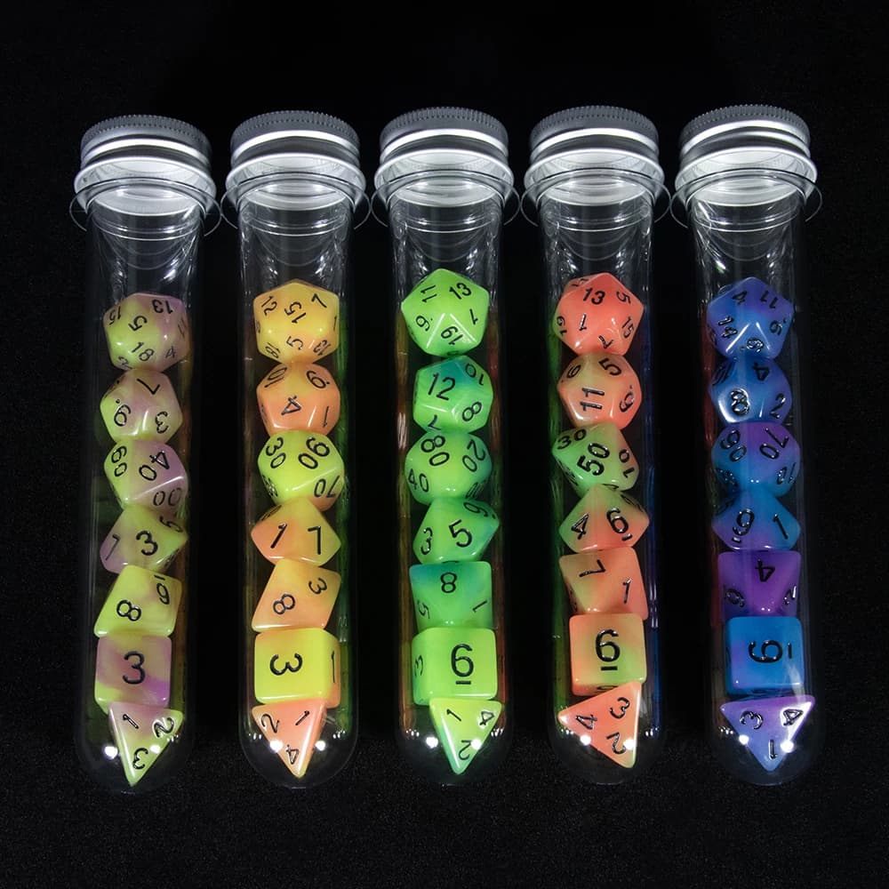 Jeu de dés polyédriques phosphorescents avec tube, dés pour petit-déjeuner du MDN, divertissement de fête, jeux de société, 7 pièces, D4,D6,D8,D10,D12,D20