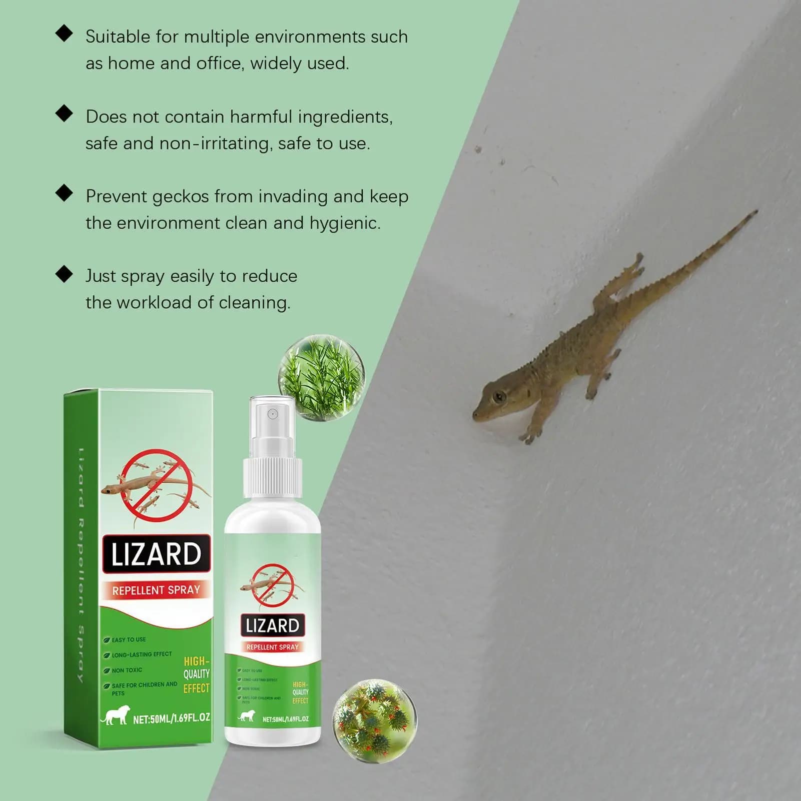 Spray Répulsif pour Geckos 50ml, Répulsif pour Lézards à l'Huile de Lavande, Sûr pour les Animaux de Compagnie, Dissuasif pour Reptiles