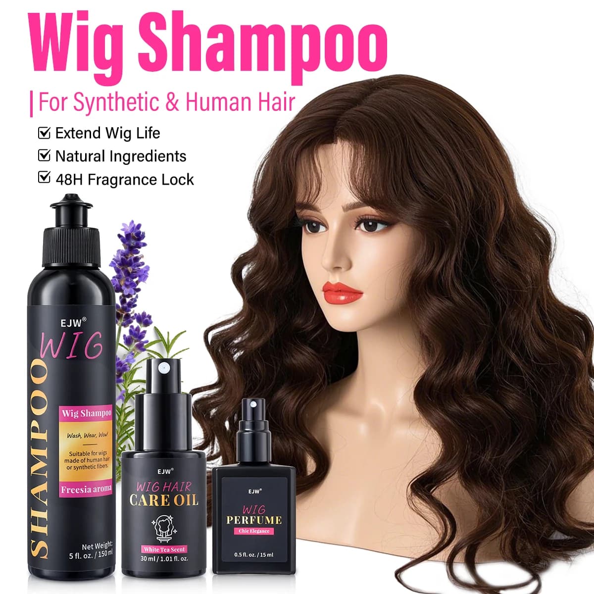 Shampooing pour perruques, Soin capillaire pour perruques, Formule à l'huile de coco pour cheveux secs, Hydrate et lisse, Anti-frisottis, Facilite le peignage, Prolonge la durée de vie des perruques