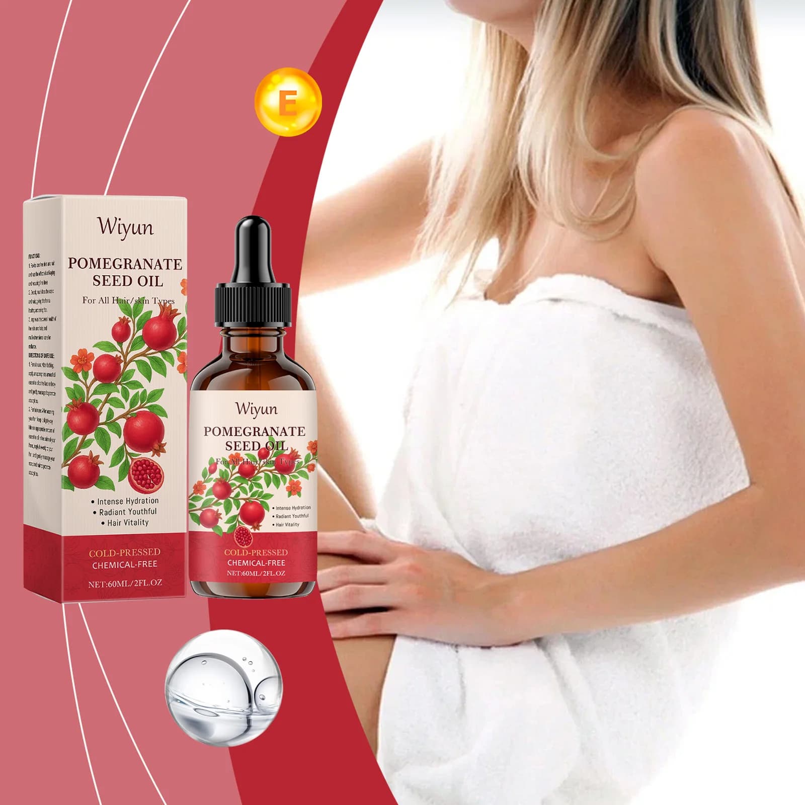 Huile essentielle de graines de grenade Wiyun : pour une hydratation en profondeur des cheveux et de la peau, lissant la peau et répare les cheveux abîmés.