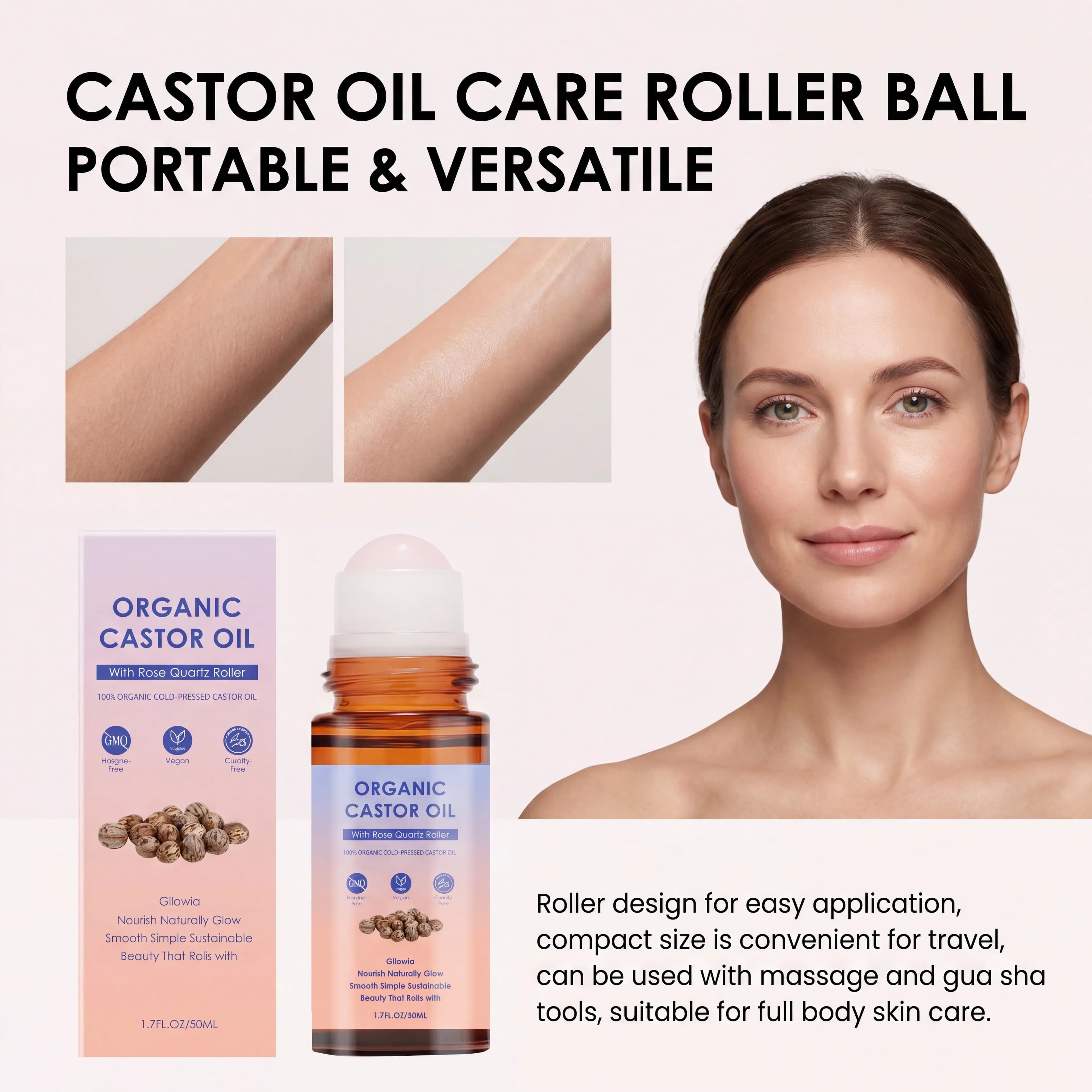 Huile de ricin biologique avec applicateur à bille en quartz rose, 100 % pure, pressée à froid, sans hexane, pour le corps, les sourcils et les soins de massage cutané