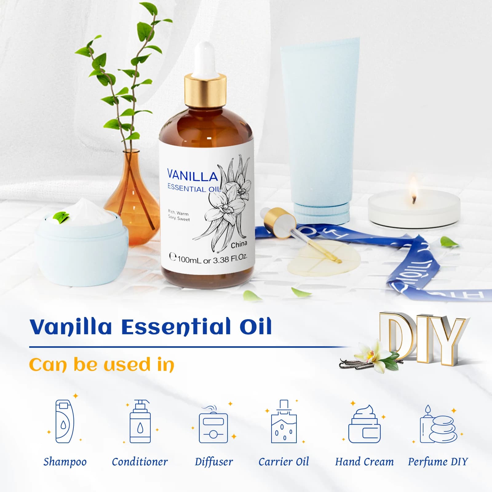 HIQILI huile essentielle de vanille 100ML pour diffuseur fabrication de bougies encens doux Orange lavande jasminum Massage soins du corps