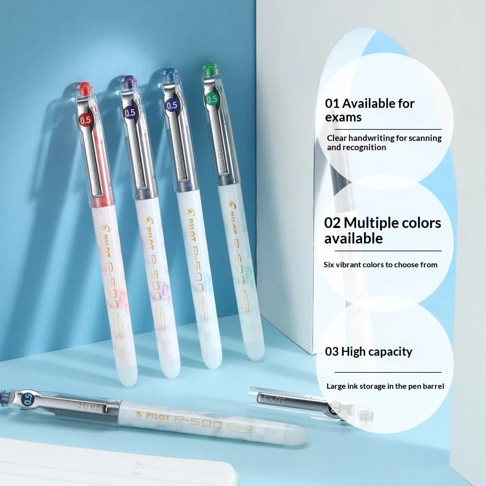 Stylos gel Pilot P500, design marbré, stylos à bille de 0,5 mm en noir/rouge/bleu, écriture fluide, prise en main ergonomique pour les étudiants et les créatifs