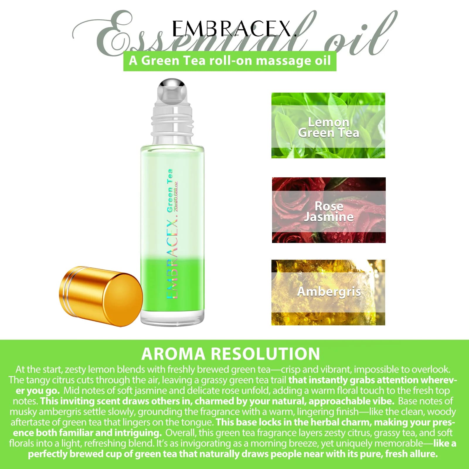 Huile essentielle de thé vert en roll-on 20 ml, Huile parfumée pour diffuseur, Huiles pour la fabrication de bougies, Huiles pour garder la fraîcheur, Cadeaux de fêtes