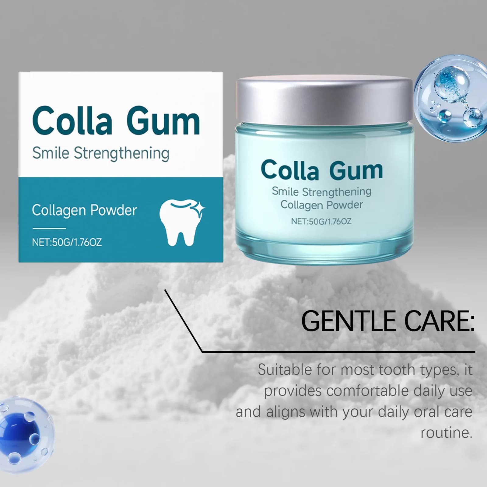 Poudre de Collagène pour les Dents : Apaise les Gencives, Rafraîchit l'Haleine, Soulage les Caries, Réduit le Jaunissement, Améliore la Beauté des Dents, Éclaircit les Dents