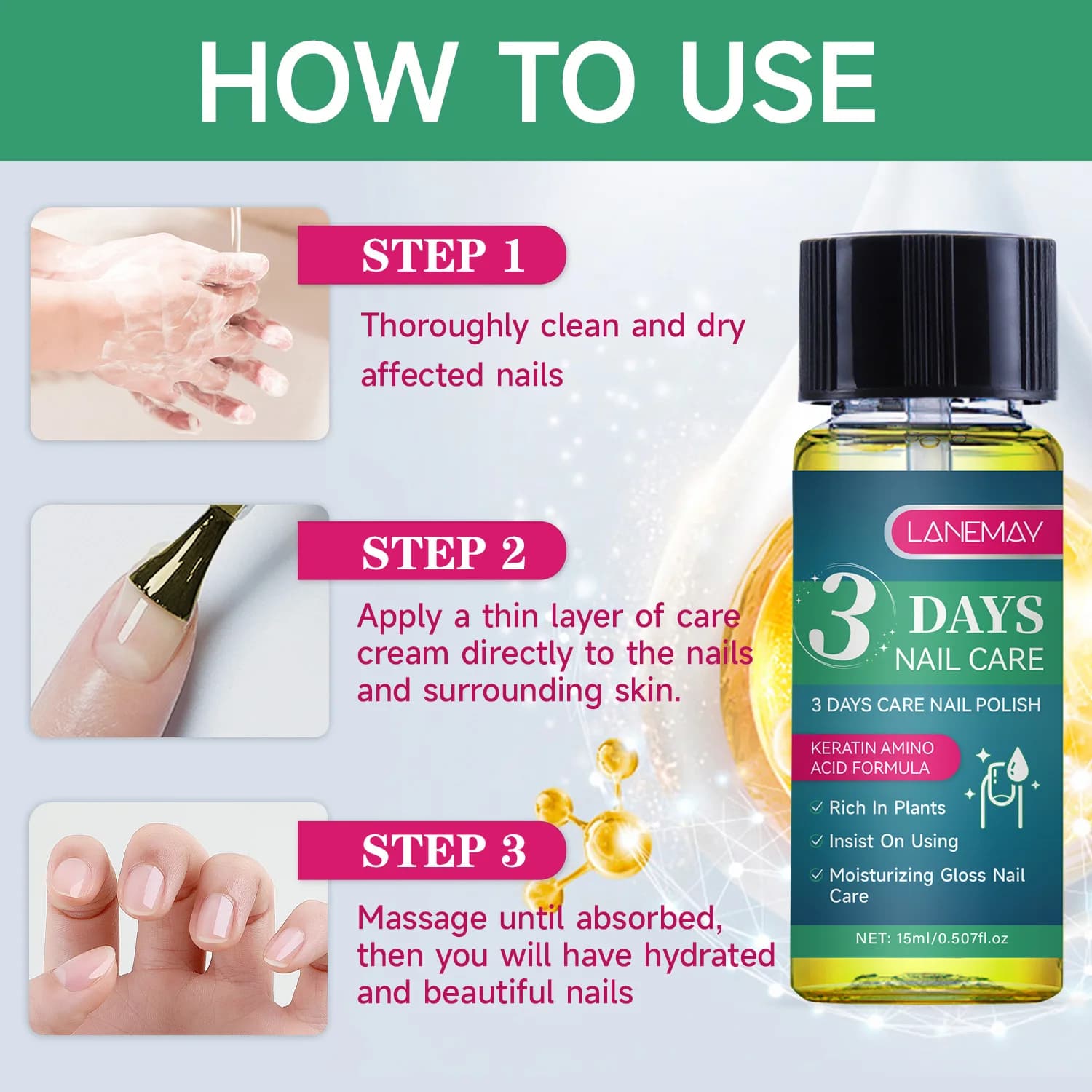 L'huile de soin des ongles de 3 jours maintient les ongles lumineux pendant longtemps et renforce la réparation des ongles cassants et fins. Huile de soin des ongles 15 ml