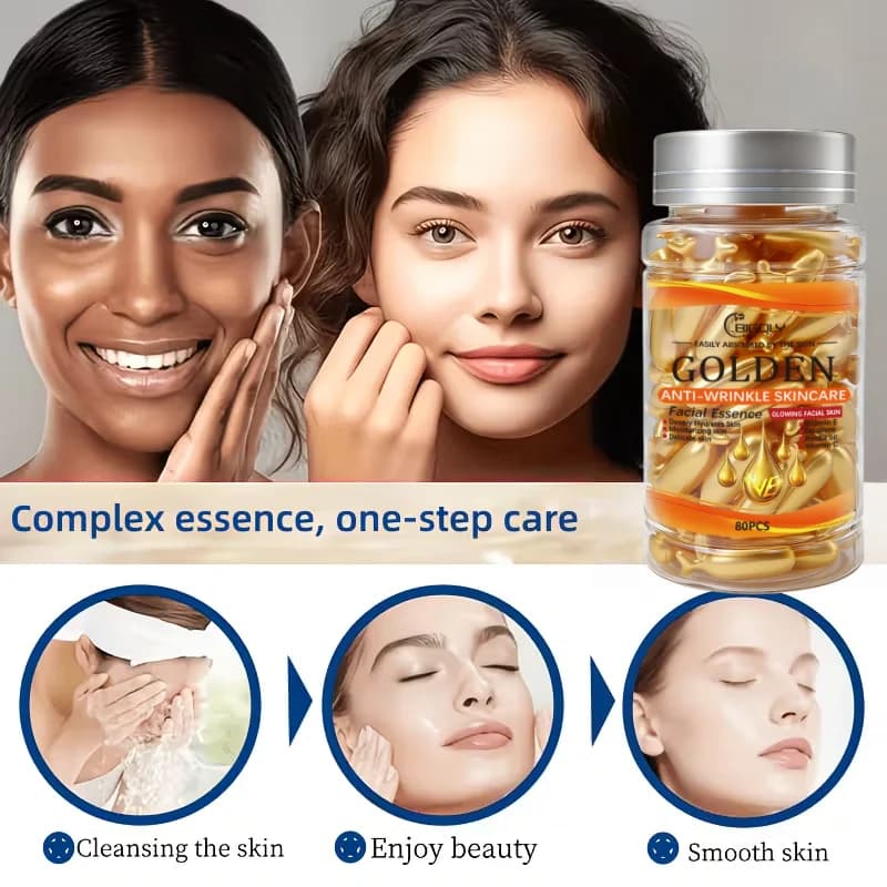 80 capsules de sérum anti-rides pour le visage, riches en vitamines C, E et squalane, hydratent et nourrissent la peau, la rendant lisse et délicate, conditionnées en forme de capsule, hygiéniques et 