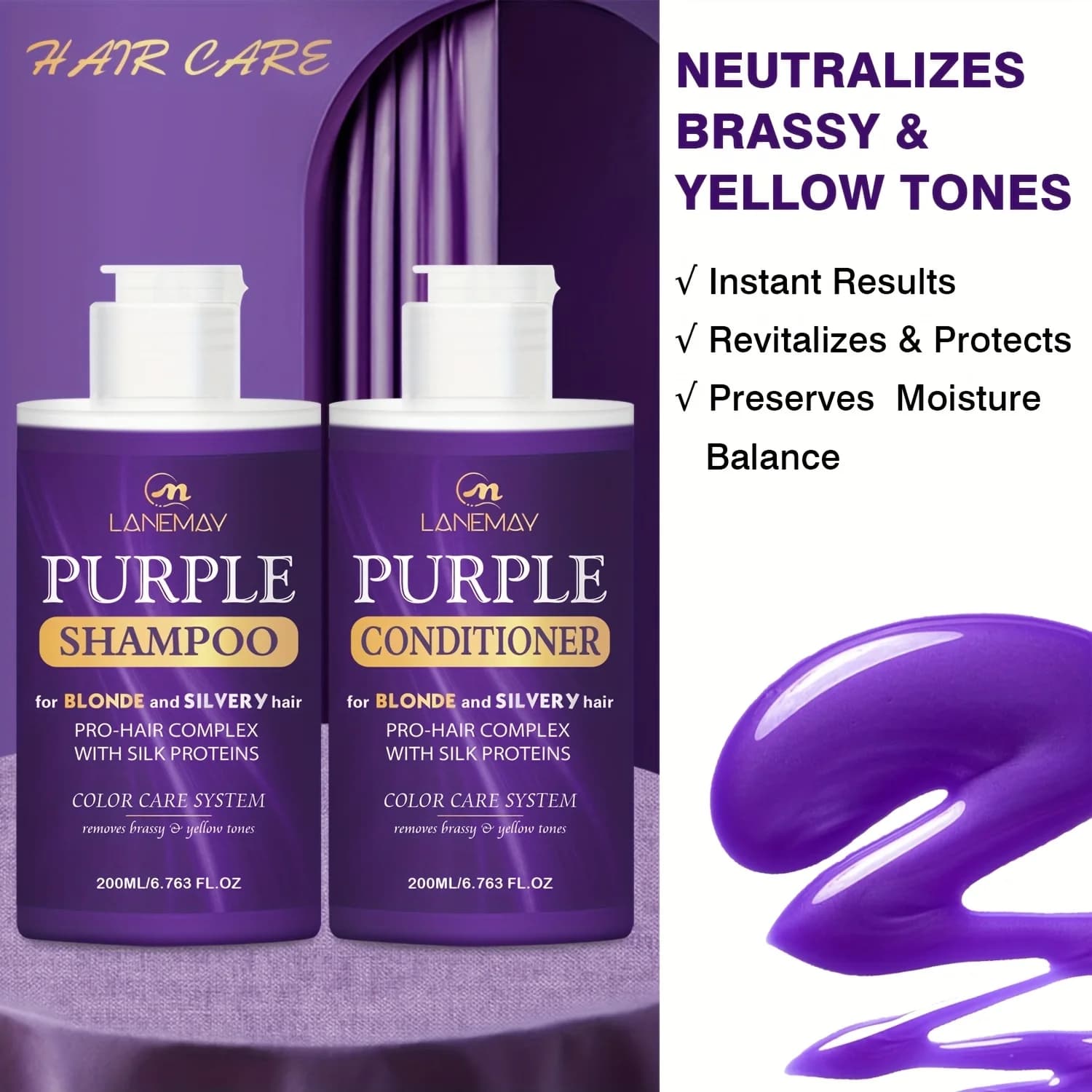 Ensemble shampoing et après-shampooing violet pour cheveux blonds, argentés ou bruns mis en évidence - hydrate et neutralise le ton jaune brassy