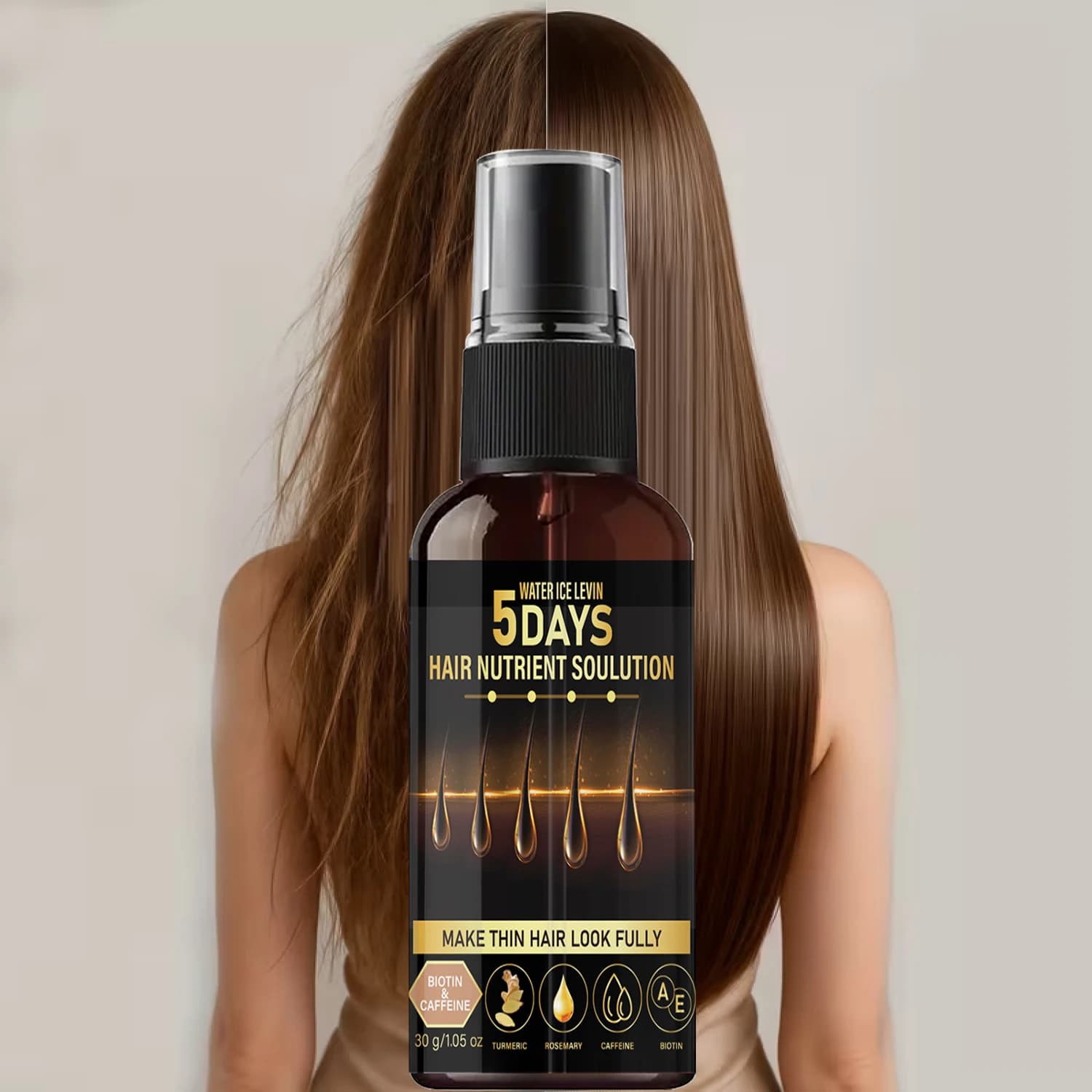 Huile capillaire à la biotine et à la caféine - Infusée à la rosemaine et au curcuma, solution nutritive pour cheveux en 5 jours pour des cheveux plus épais
