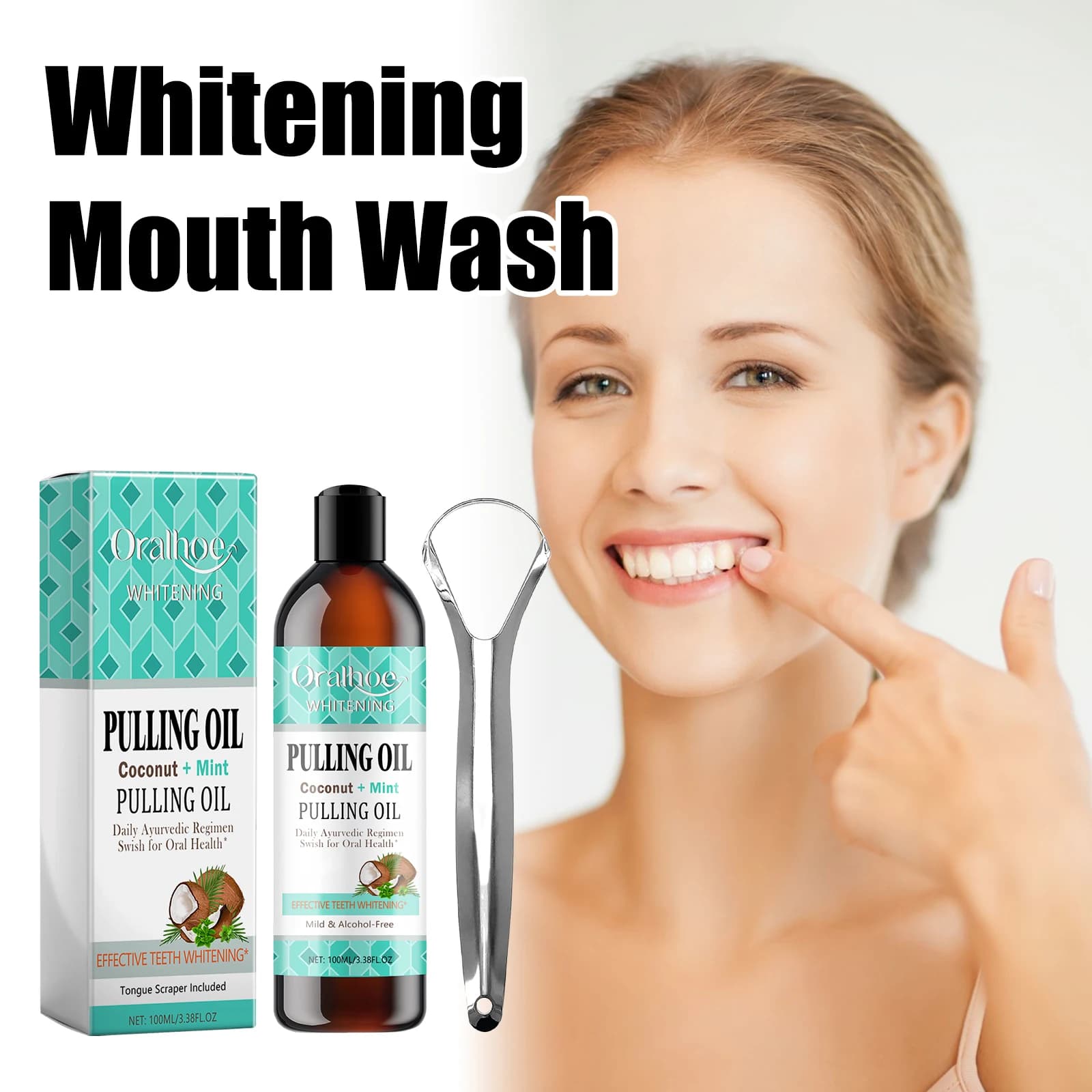 Kit de Bain de Bouche à l'Huile de Coco et Menthe avec Grattoir Lingual – Haleine Fraîche