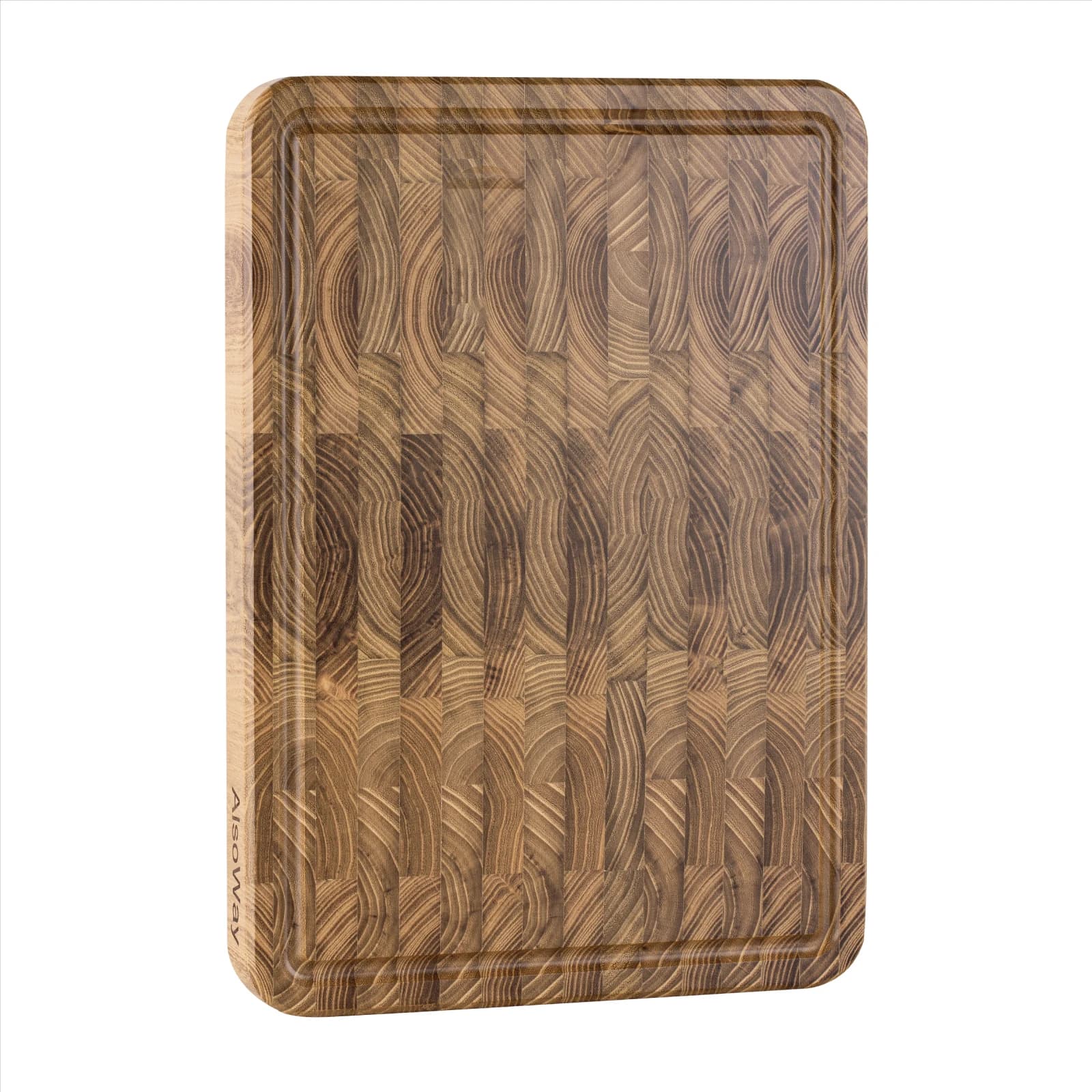 Planche à découper en teck de grain d'extrémité pour la cuisine, bois durable avec rainures de jus, poignées pré-huilées et faciles à saisir