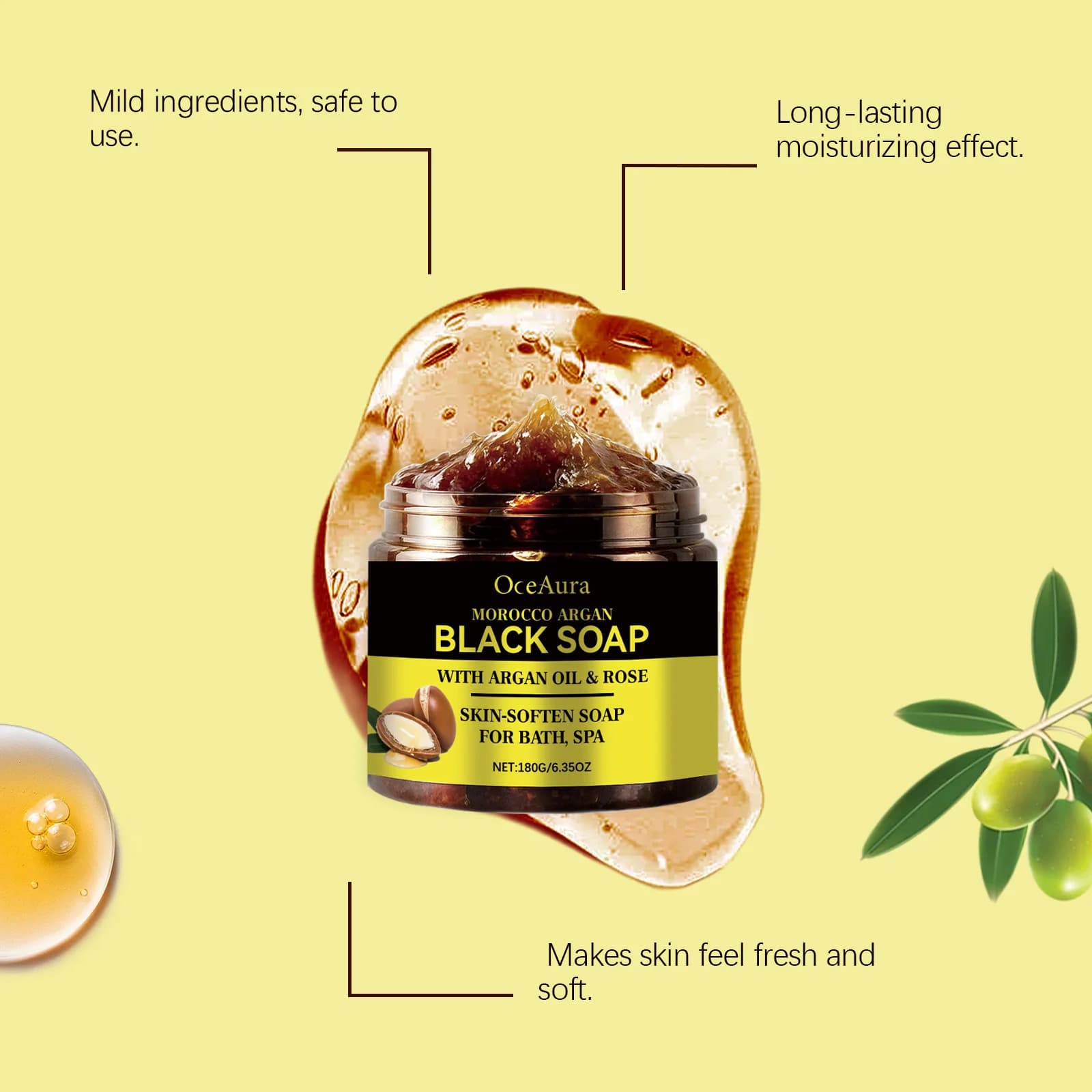 OceAura 180g Savon noir à l'argan marocain Nettoyage en profondeur et hydratant longue durée Exfoliation douce et peau lisse