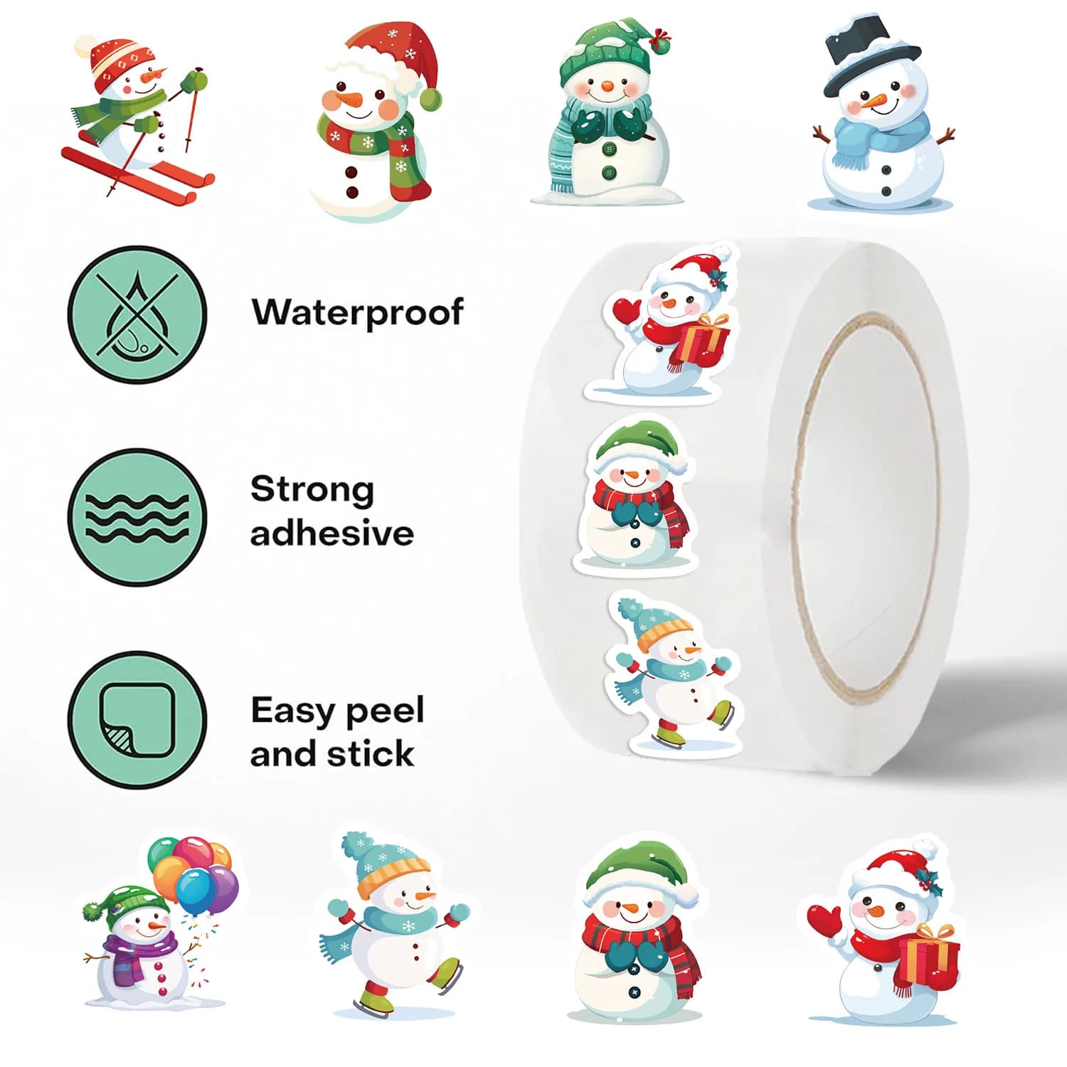 Rouleau d'autocollants bonhomme de neige récompenses de noël, 500 pièces/rouleau, pour Scrapbook, Journal, enveloppe, scellage, ordinateur, téléphone, DIY bricolage