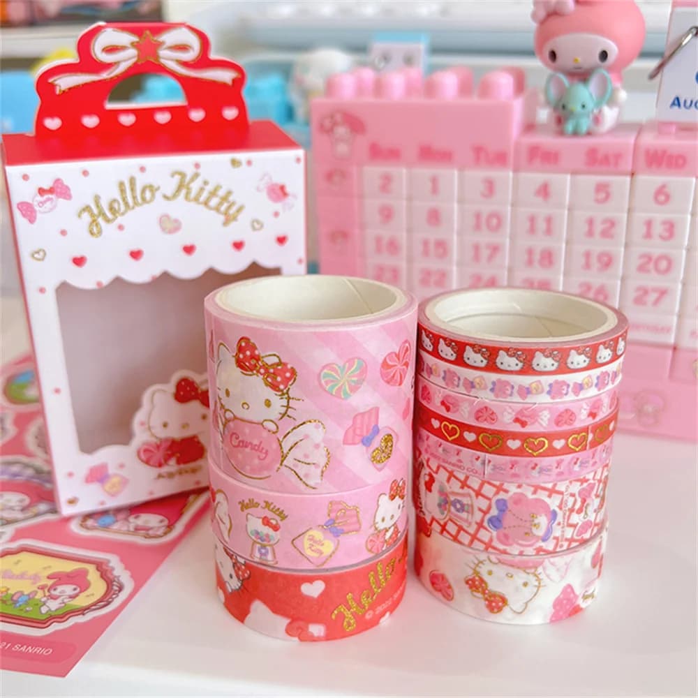 10 rouleaux/boîte Sanrio Hello Kitty Cinnamoroll, autocollants en ruban, autocollants mignons de dessins animés, autocollants à chaud pour carnet, jouets, cadeaux