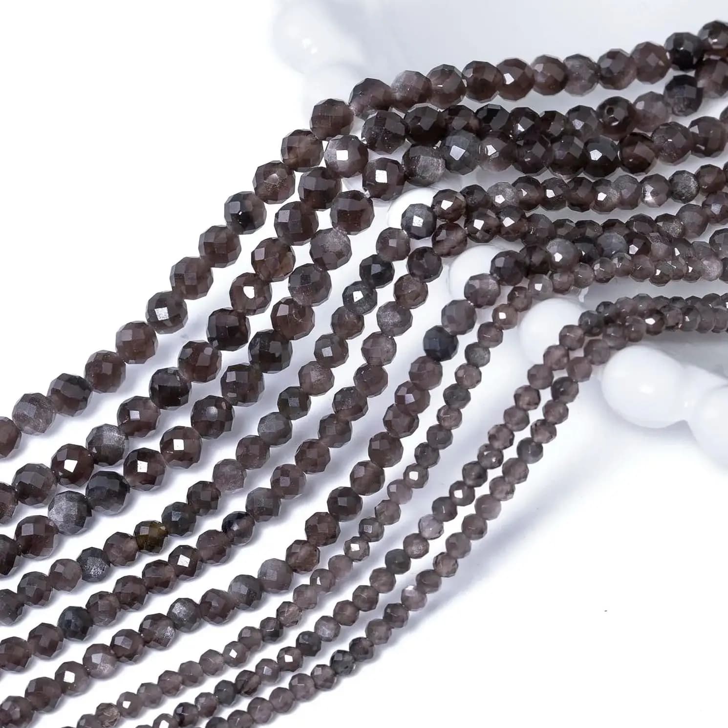 Pierre d'obsidienne couleur argent naturel, petites perles rondes à facettes en vrac pour la fabrication de bijoux, bracelet et collier, 2mm, 3mm, 4mm