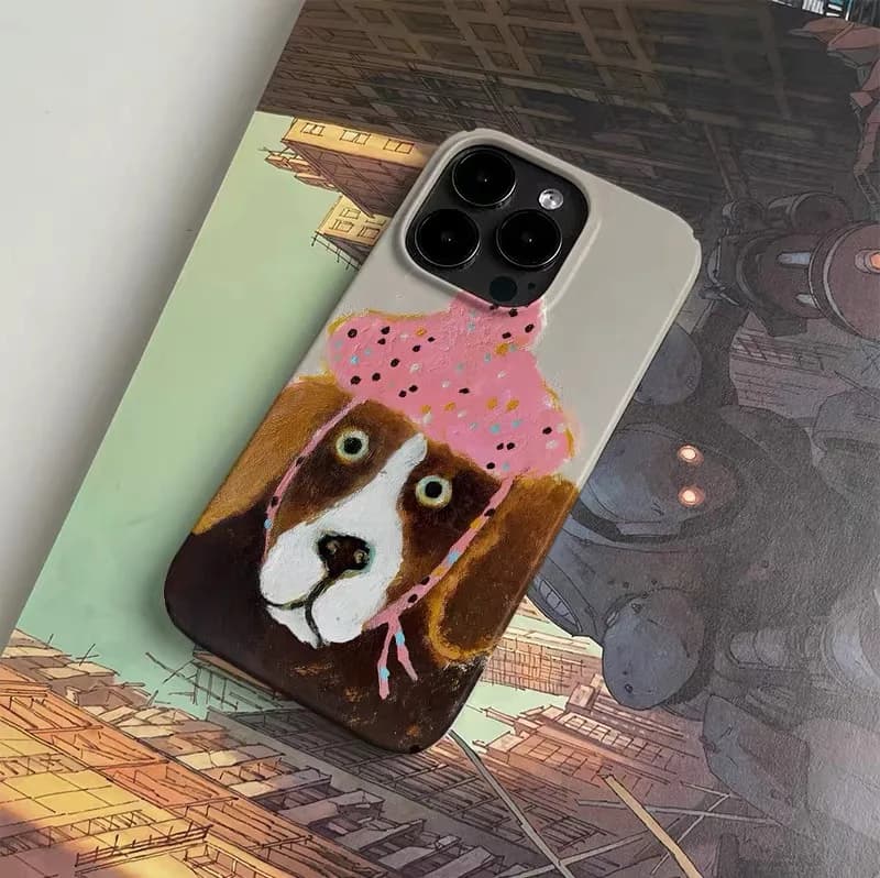 Coque de téléphone en acrylique avec peinture à l'huile d'un chiot à chapeau rose pour IPHONE 17Air 16E 15PROMAX 14Plus 13 12 MINI 11 PRO 16Plus