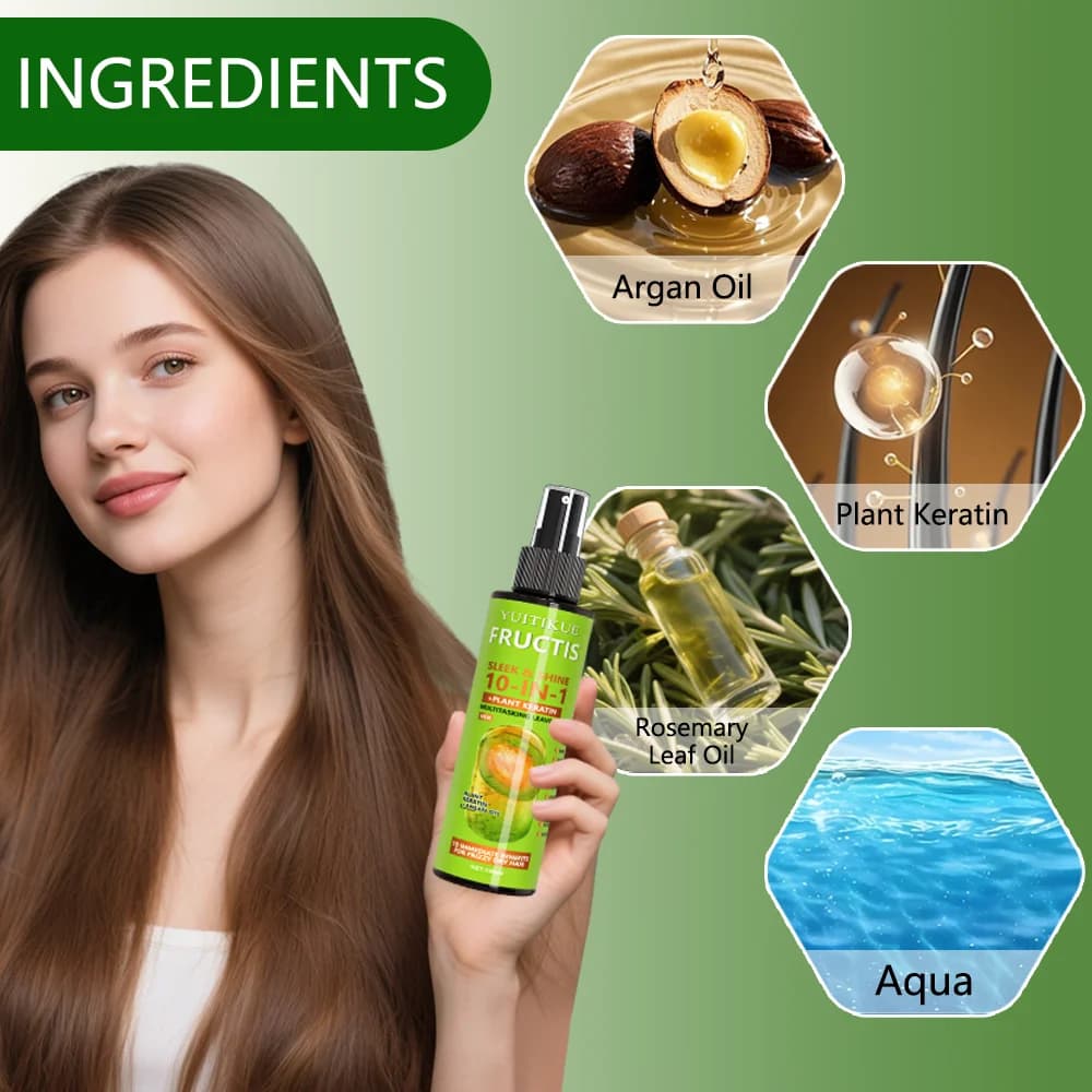 Laque pour cheveux 10 en 1, contenant une kératine végétale, offre 10 grands avantages pour cheveux secs et crépus, y compris réparer et lisser.