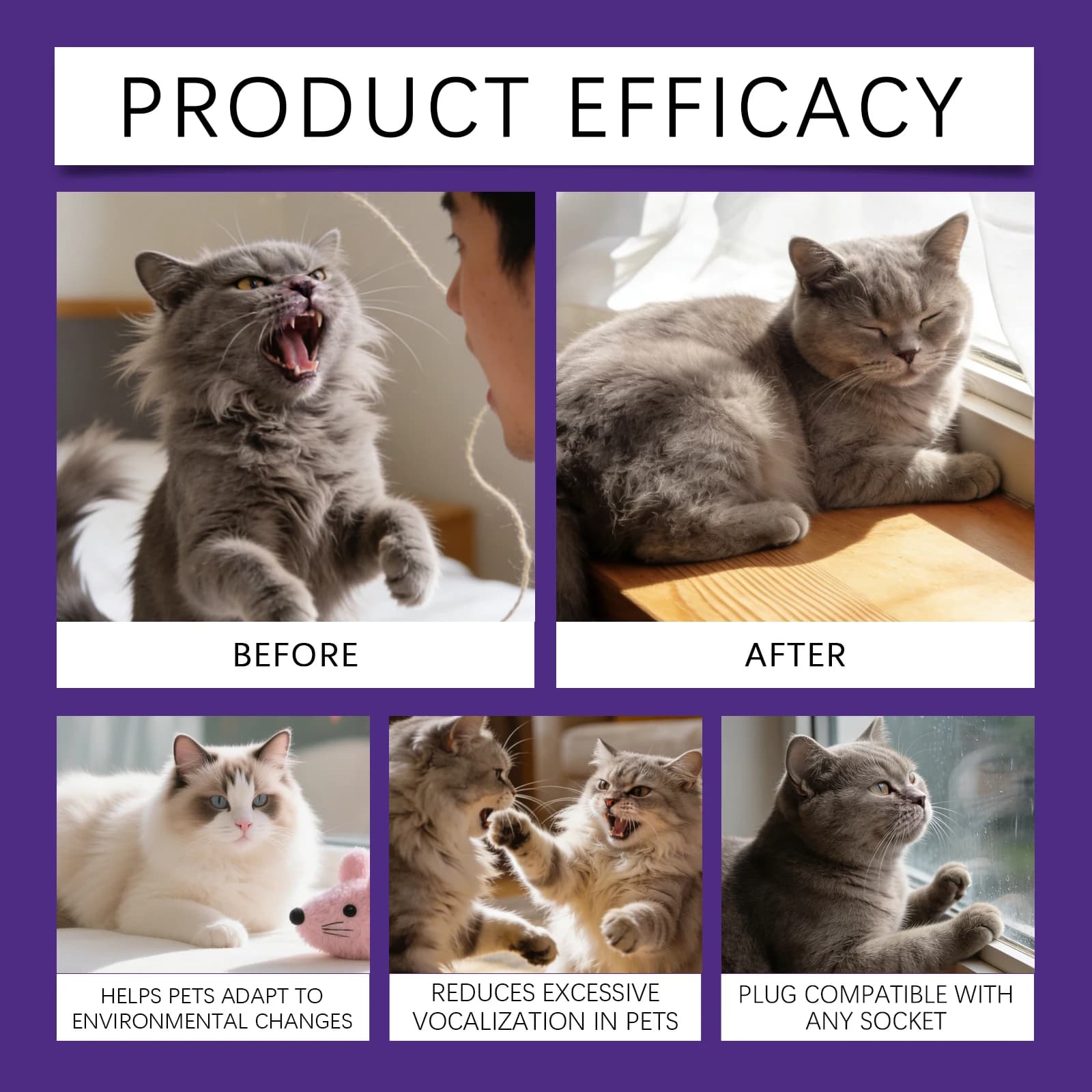 Diffuseur apaisant naturel pour soulager le stress des chats avec huile essentielle végétale, diffuseur de phéromones pour chats, soulagement de l'anxiété des chats, 700 pieds carrés