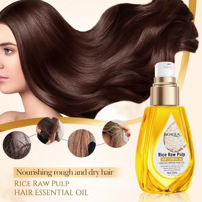Huile Essentielle pour Cheveux à la Pulpe de Riz 70ml, Texture Fraîche, Facile à Absorber, Non Grasse, Nourrit Profondément les Cheveux, Rend les Cheveux Doux et Lisses, Facile à Peigner. Pas peiné qu