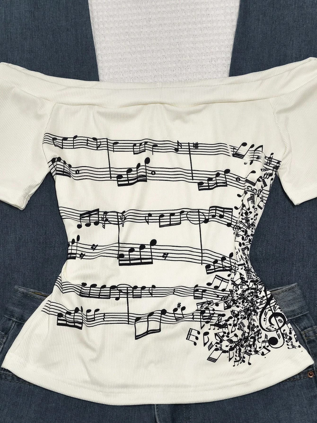 T-Shirt rétro à manches longues et épaules dénudées pour femmes, ajusté, orné d'une impression de notes musicales, à la mode, Style rétro Y2K, haute qualité