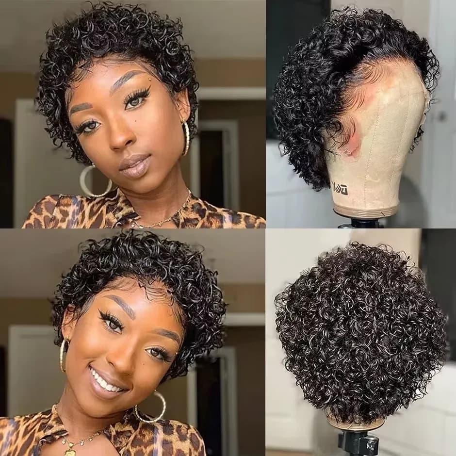 Perruque coupe lutin 13x1 dentelle frontale courte crépus bouclés Bob perruques brésilien vague d'eau Transparent dentelle avant cheveux humains perruques courtes