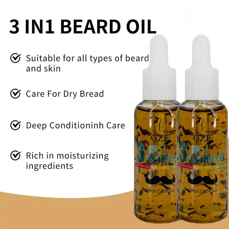 GZE Huile à barbe 3 en 1 pour soin - Hydrate la barbe et conditions de la peau - Élimine les flocons - Pour les hommes avec des poils du visage courts ou longs