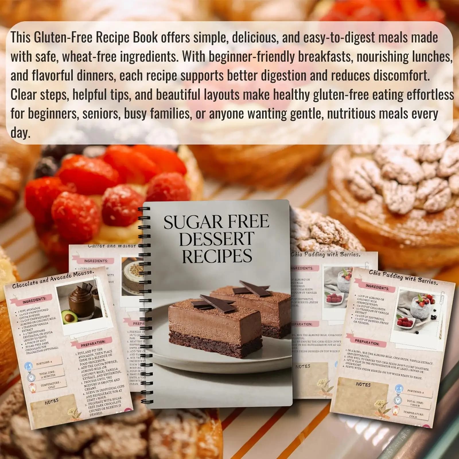 Carnet de recettes de desserts sans sucre, livre de recettes de friandises saines sans coup de chapeau du diable pour les régimes hypoglycémiques et cétogènes, pâtisserie facile et sans cuisson