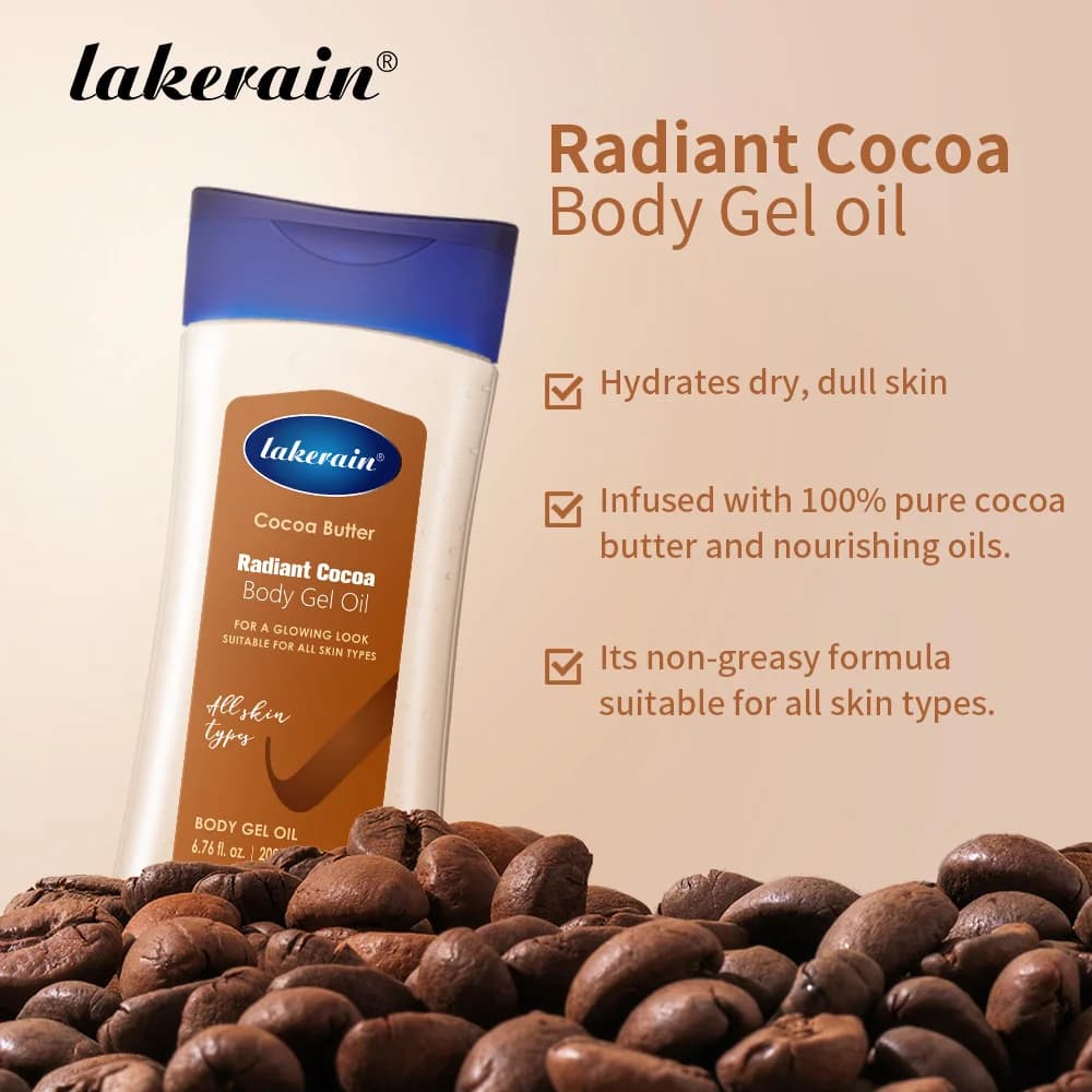 Huile de Gel pour le corps au cacao rayonnante, hydratation hydratante pour les soins de la peau sèche, traitement au beurre brillant, soin nourrissant pour la peau du corps