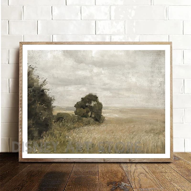 Peinture à l'huile de paysage Vintage d'été, affiches d'arbre de ferme, toile d'art de champ de fleurs imprimées, décor mural de galerie de pays