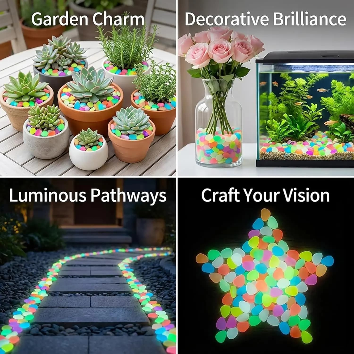100 pierres lumineuses artificielles qui brillent dans le noir, galets de simulation, pour décoration extérieure, jardin, pelouse, cour, aquarium