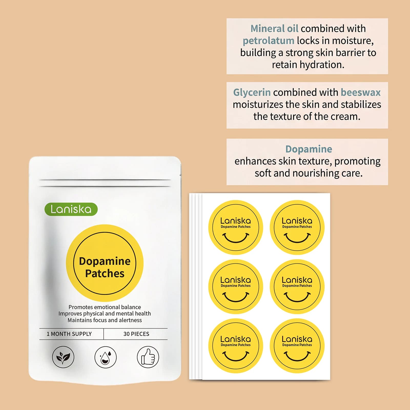 Patchs de Dopamine : Formule Douce pour le Corps, Équilibre de l'Humeur, Soutien de la Concentration, Hydratation Cutanée, Soin Portable