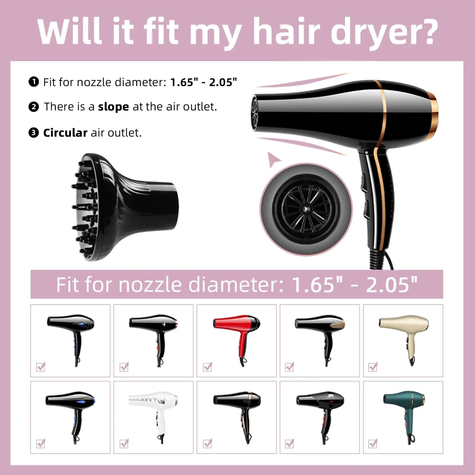 Diffuseur universel pour sèche-cheveux pour femmes, accessoire pour cheveux longs et bouclés, de 3,5 cm à 5 cm, pour cheveux ondulés et lisses, outil de coiffage