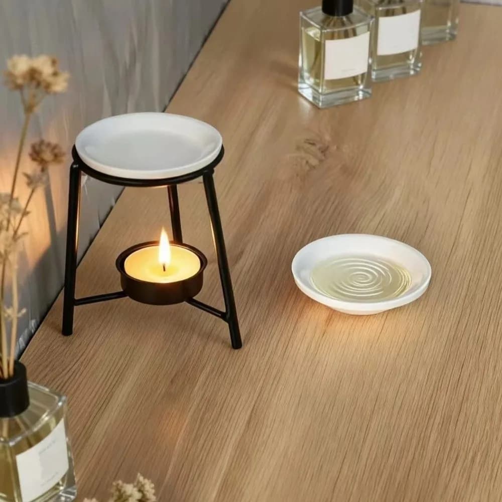 Brûleur d'aromathérapie en céramique avec base en fer ajourée, diffuseur d'huiles essentielles, support métallique romantique, chauffe-cire pour bougies, idéal pour le bureau