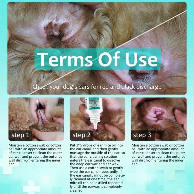 Huile d'acariens pour animaux de compagnie, traitement des acariens pour chiens et chats, nettoyeurs d'oreilles pour animaux de compagnie, huile d'acariens pour chats, canaux d'oreille pour animaux de