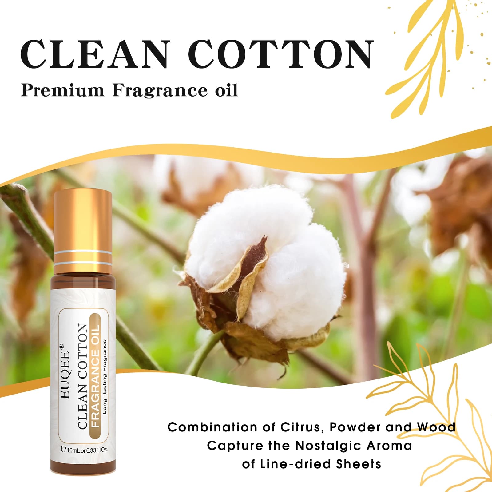 Huile parfumée roll-on EUQEE 10ml, senteurs Brise marine, Musc blanc, Noix de coco & Vanille, Chewing-gum, Thé vert, Ambre ange, parfum longue durée