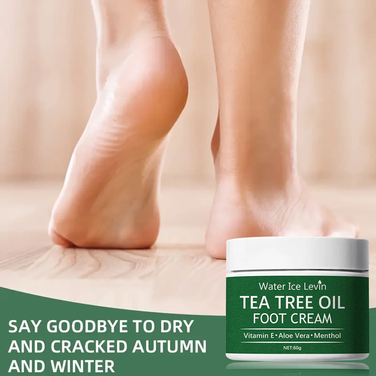 Crème pour les pieds à l'huile d'arbre à thé Water Ice Levin – Vitamine E Aloe Vera Menthol Ralent les pieds Non gras Absorption rapide Filet de 60 g